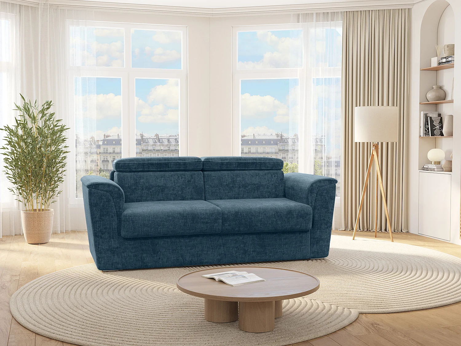 Canapé 4 places convertible express en tissu texturé bleu - Couchage 160 cm - Matelas 22 cm avec mémoire de forme - RIZORA