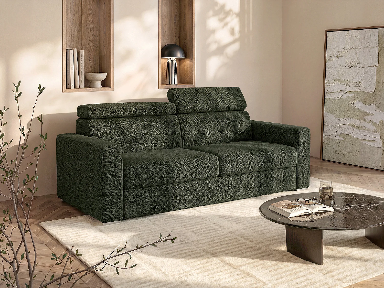 4-Sitzer Schlafsofa Express aus tannengrünem Stoff - Liegefläche mit breiten Latten 160 cm - Matratze 18 cm VIZIR