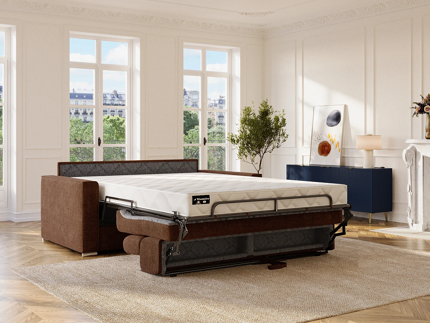 Canapé 4 places convertible express en tissu terracotta - Couchage à lattes larges 160 cm - Matelas 18 cm VIZIR