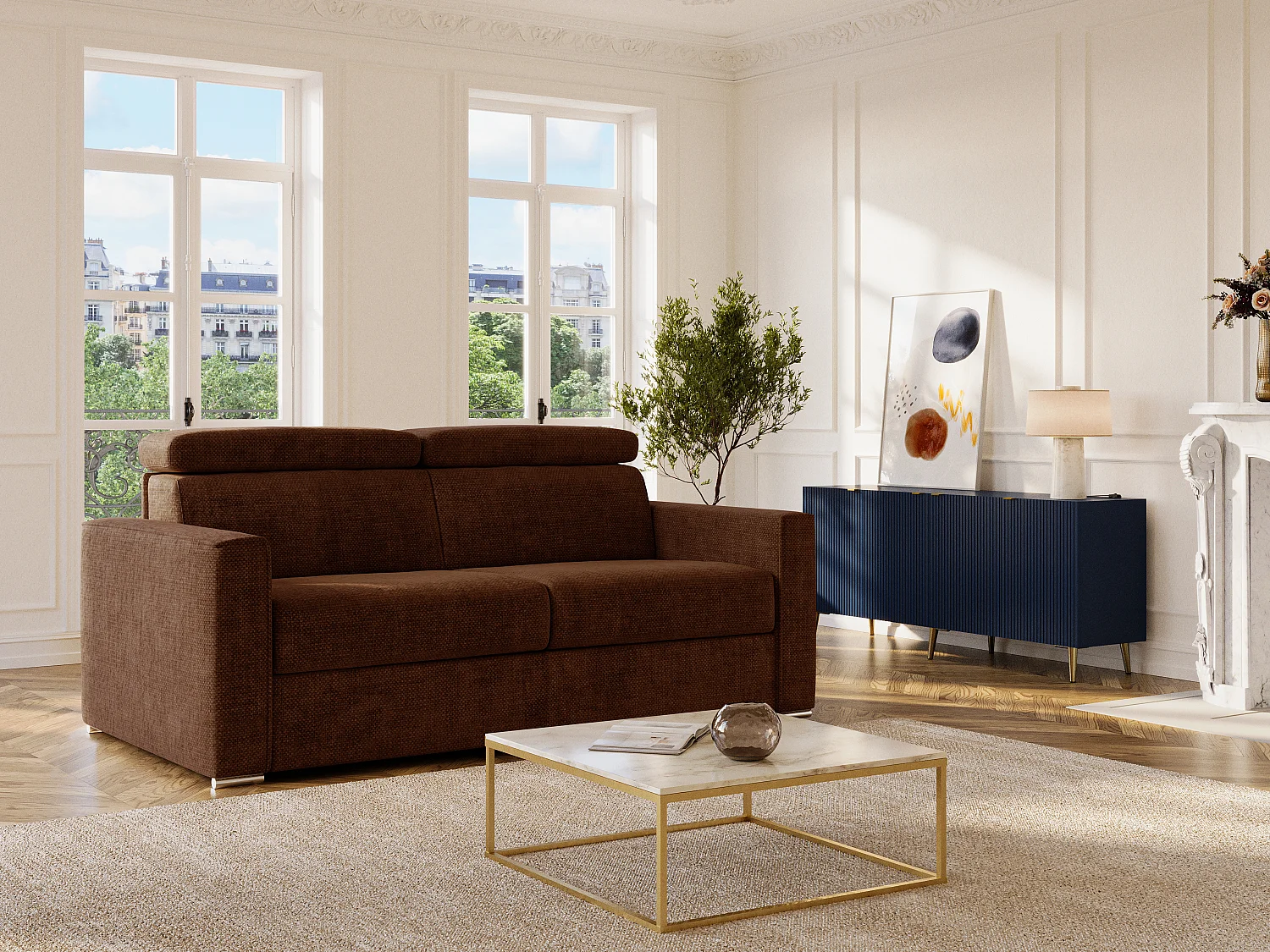 Canapé 4 places convertible express en tissu terracotta - Couchage à lattes larges 160 cm - Matelas 18 cm VIZIR