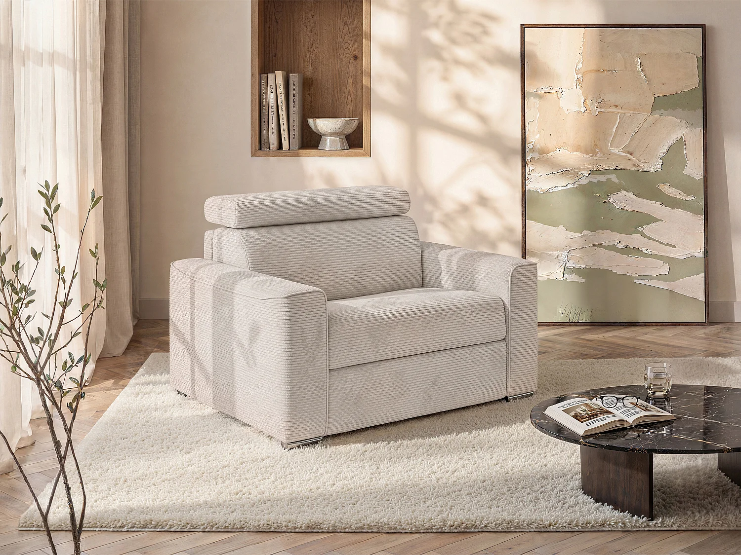 Poltrona letto express in velluto a coste beige Rete a doghe larghe 70 cm Materasso 14 cm - VIZIR