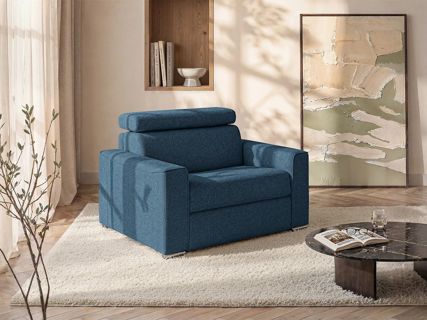 Poltrona convertível de abertura rápida em tecido azul - Cama 70 cm - Colchão 18 cm - VIZIR