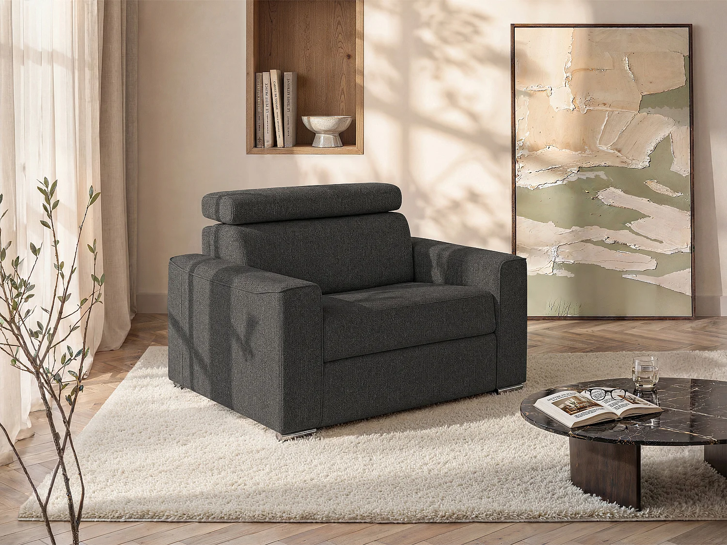 Fauteuil convertible express en tissu gris - Couchage 70 cm - Matelas 18 cm VIZIR