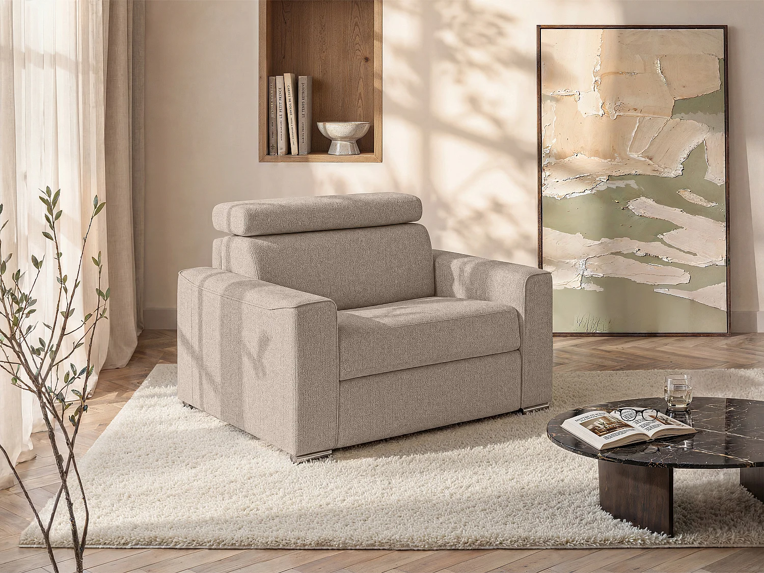 Poltrona letto express in tessuto beige Rete a doghe larghe 70 cm Materasso 18 cm - VIZIR