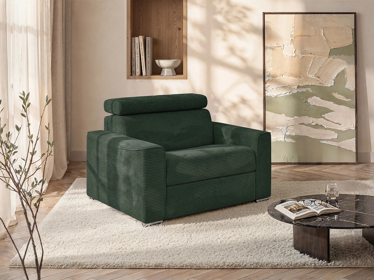 Poltrona letto express in velluto a coste verde abete Rete a doghe larghe 70 cm Materasso 18 cm - VIZIR