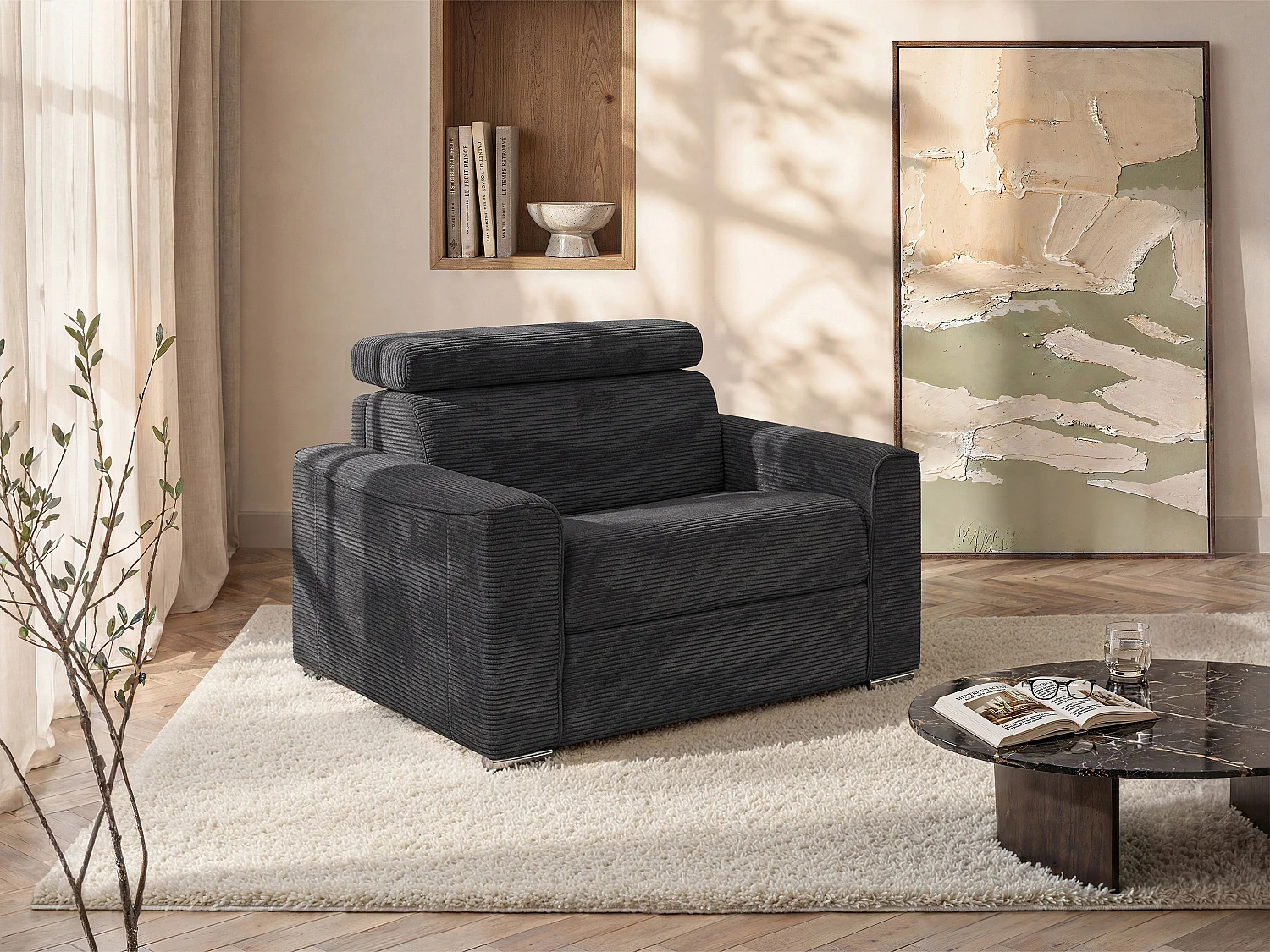 Poltrona letto express in velluto a coste grigio Rete a doghe larghe 70 cm Materasso 18 cm - VIZIR