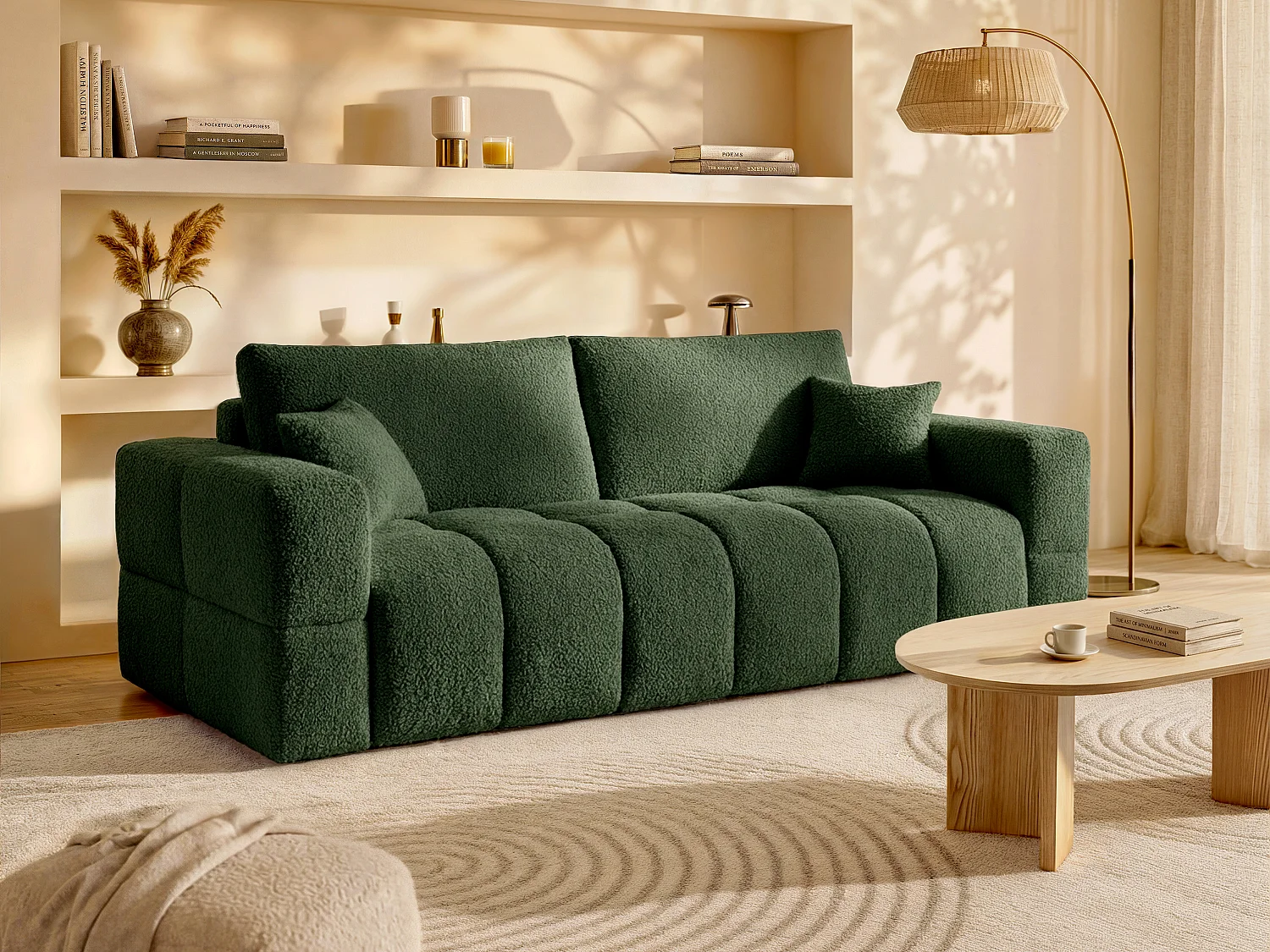 Canapé 4 places convertible express en tissu bouclette vert - Couchage 160 cm - Matelas 20 cm ISSORO