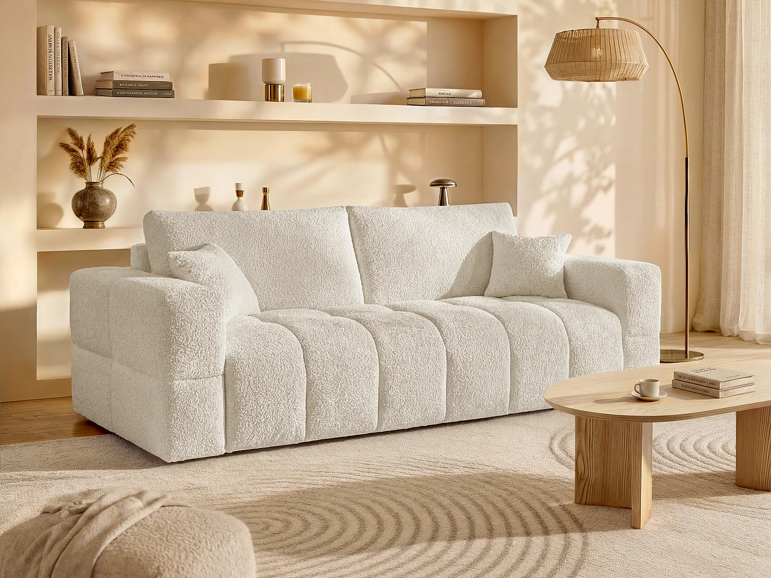 Canapé 3 places convertible express en tissu bouclette beige - Couchage 140 cm - Matelas 20 cm ISSORO
