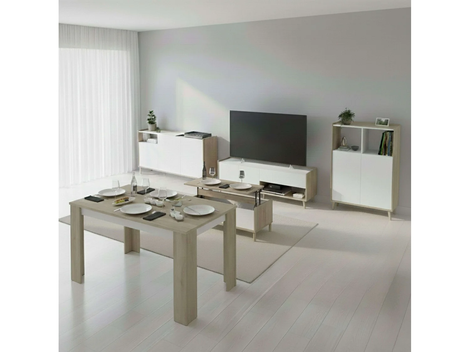 Conjunto de sala de estar Azzaro em carvalho japonês e branco (móvel para TV e mesa de jantar)