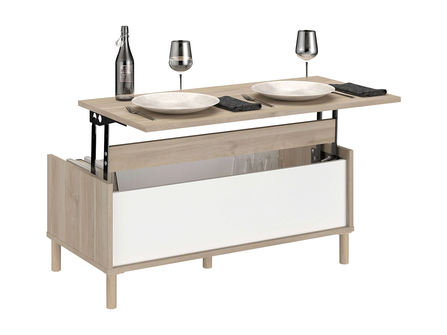 Conjunto de sala de estar Azzaro em carvalho japonês e branco (móvel para TV e mesa de jantar)