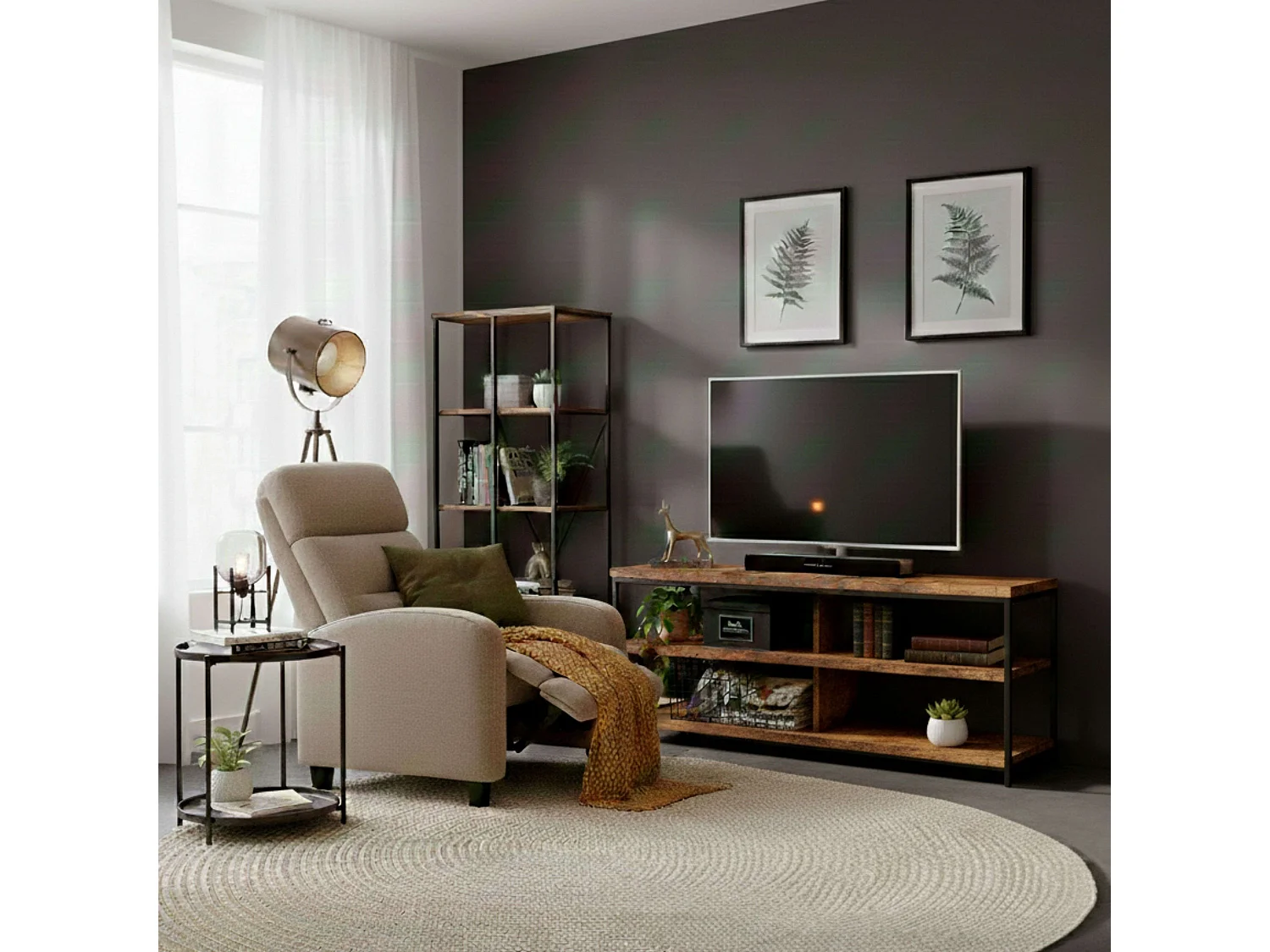 Conjunto de sala de estar em madeira clara e preta (rack para TV + mesa de centro + poltrona reclinável)