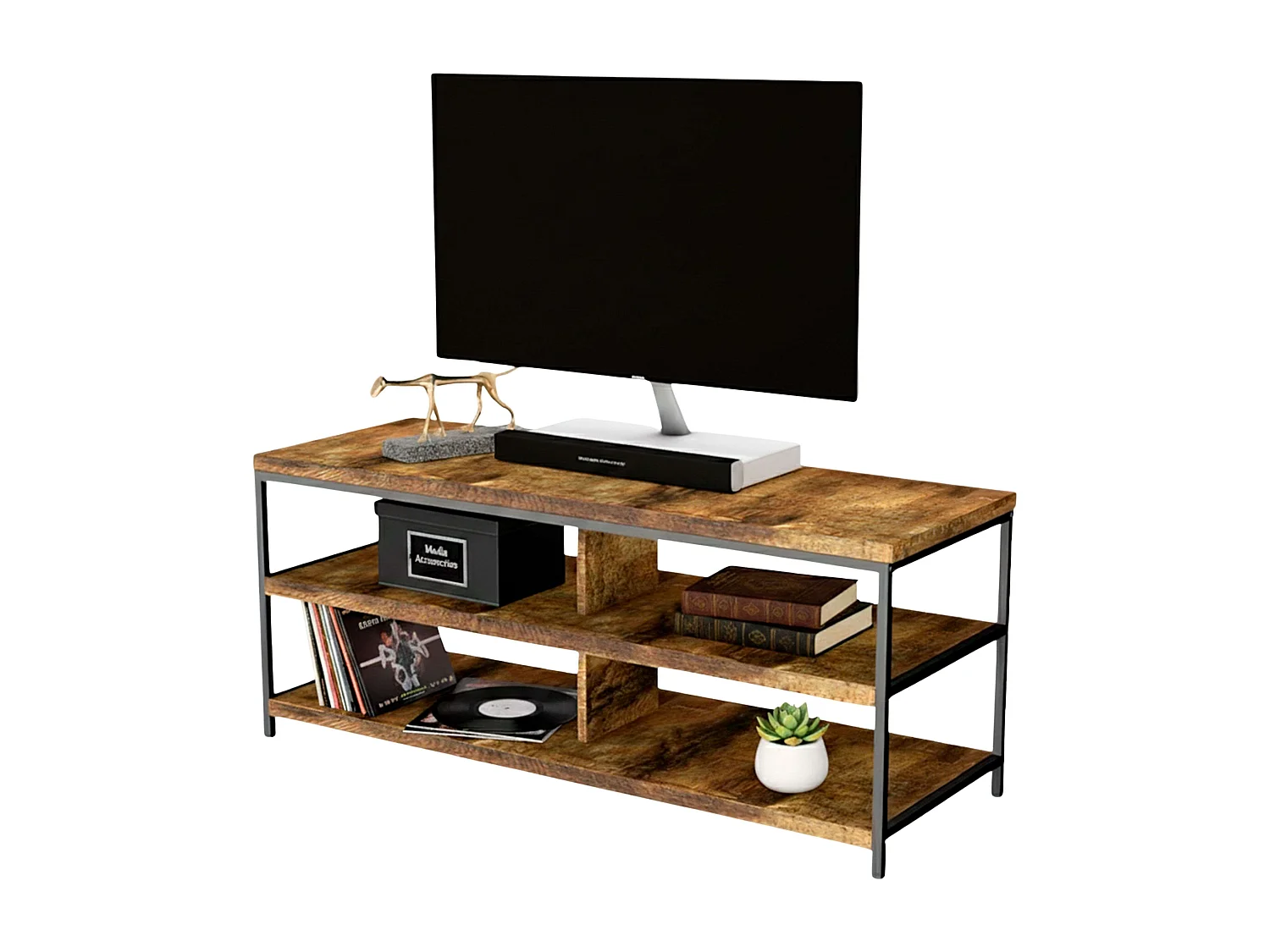 Conjunto de sala de estar em madeira clara e preta (rack para TV + mesa de centro + poltrona reclinável)