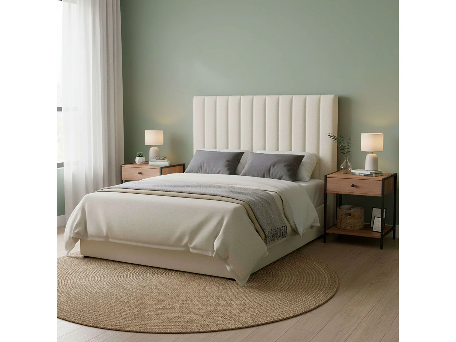 Conjunto dormitorio cabecero + 2 mesitas noche beige roble cambrian y negro