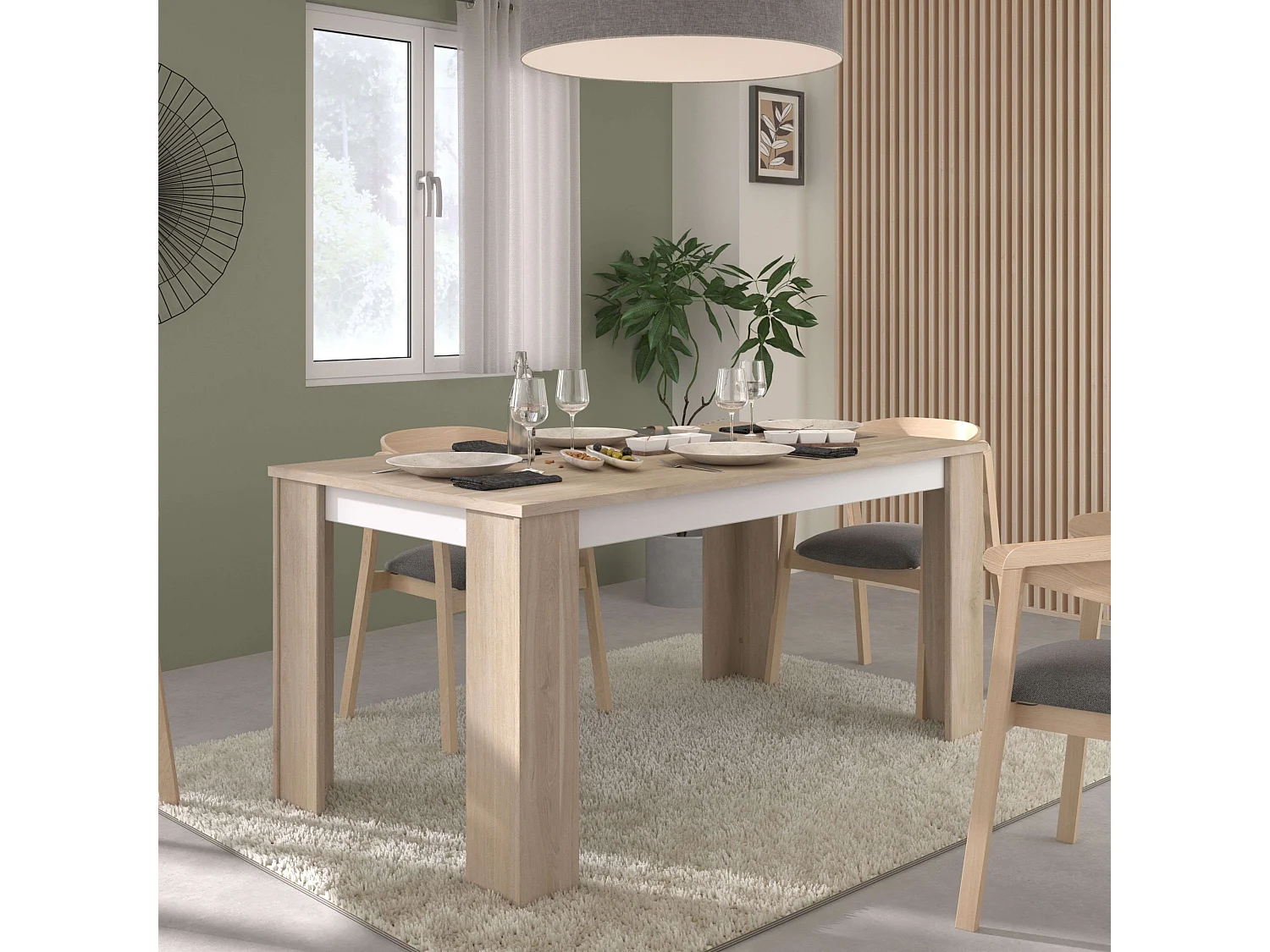 Mesa de comedor fija Azzaro en roble japonés y blanco mate 76x158x88 cm