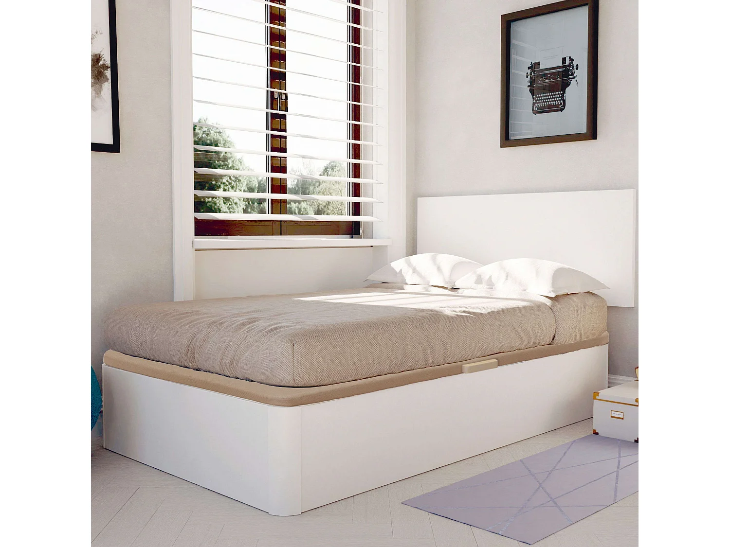 Canapé Reo melamina apertura lateral y base tapizada blanco 90x190 cm