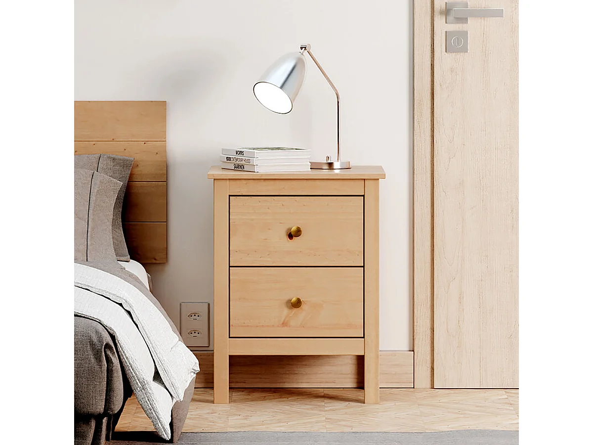 Table de chevet table de nuit à 2 tiroirs en Bois massif Couleur Chêne miel - Longueur 48 x Hauteur 60 x Profondeur 36 cm