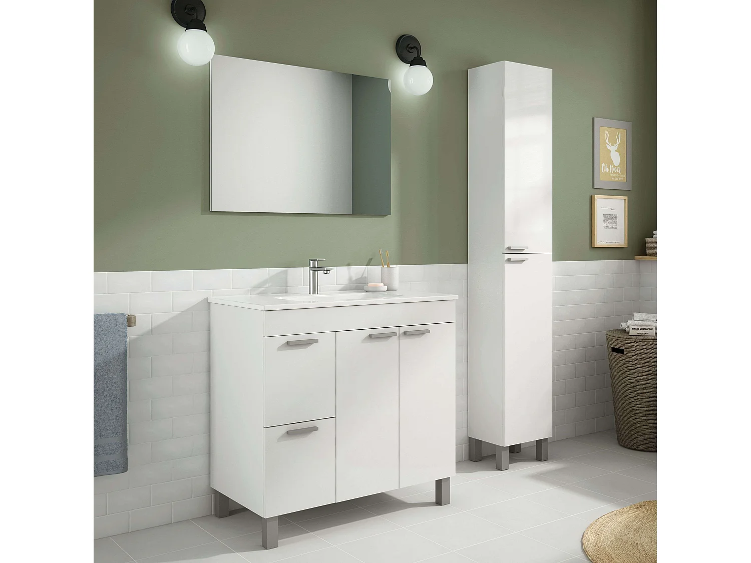Mueble Baño Sabela Contemporáneo Blanco Brillo 2 Cajones 2 Puertas 80x80x45 cm