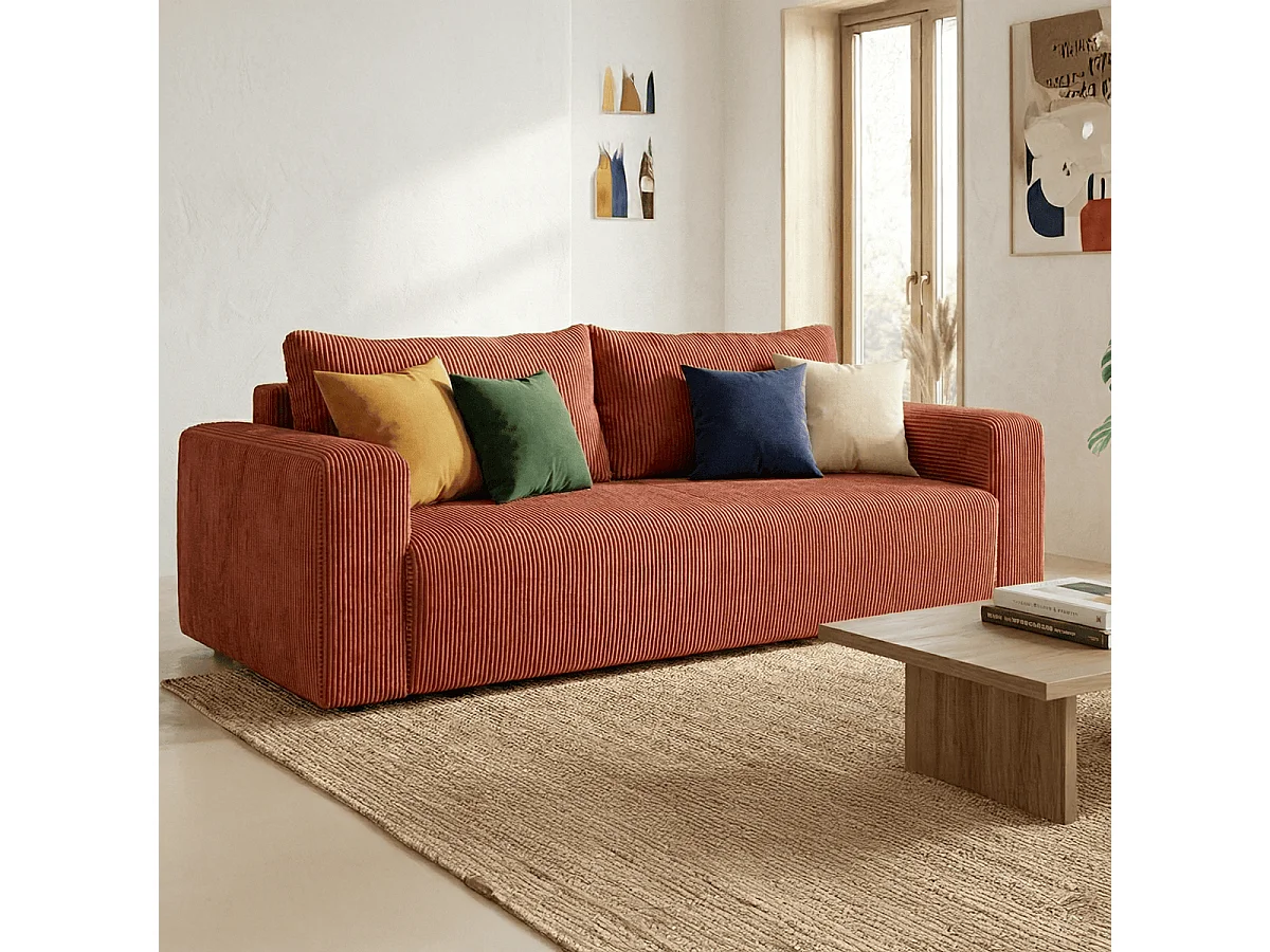 Canapé convertible 3 places en velours côtelé rouille - Fjord