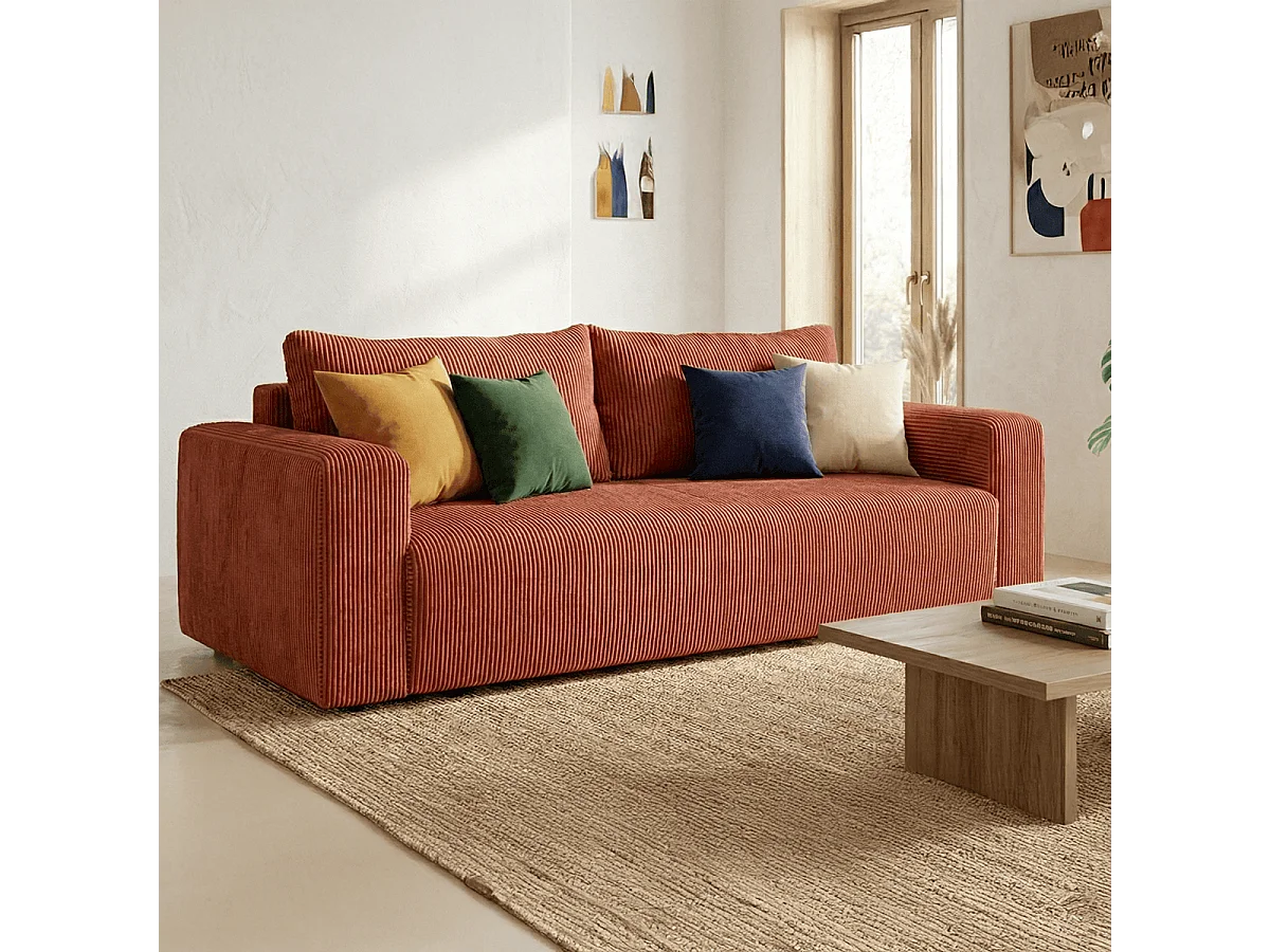 Canapé convertible 3 places en velours côtelé rouille - Fjord