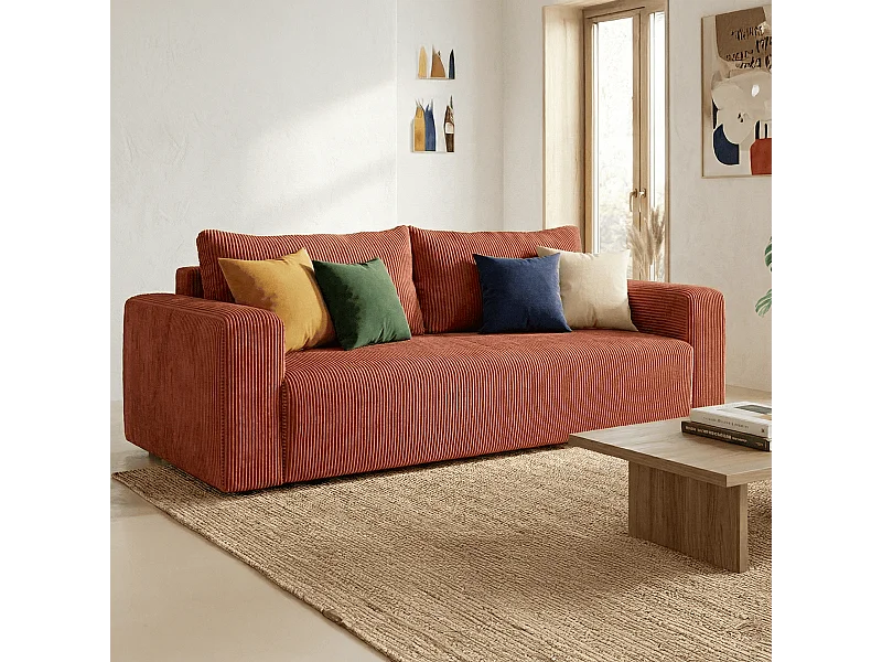 Canapé convertible 3 places en velours côtelé rouille - Fjord