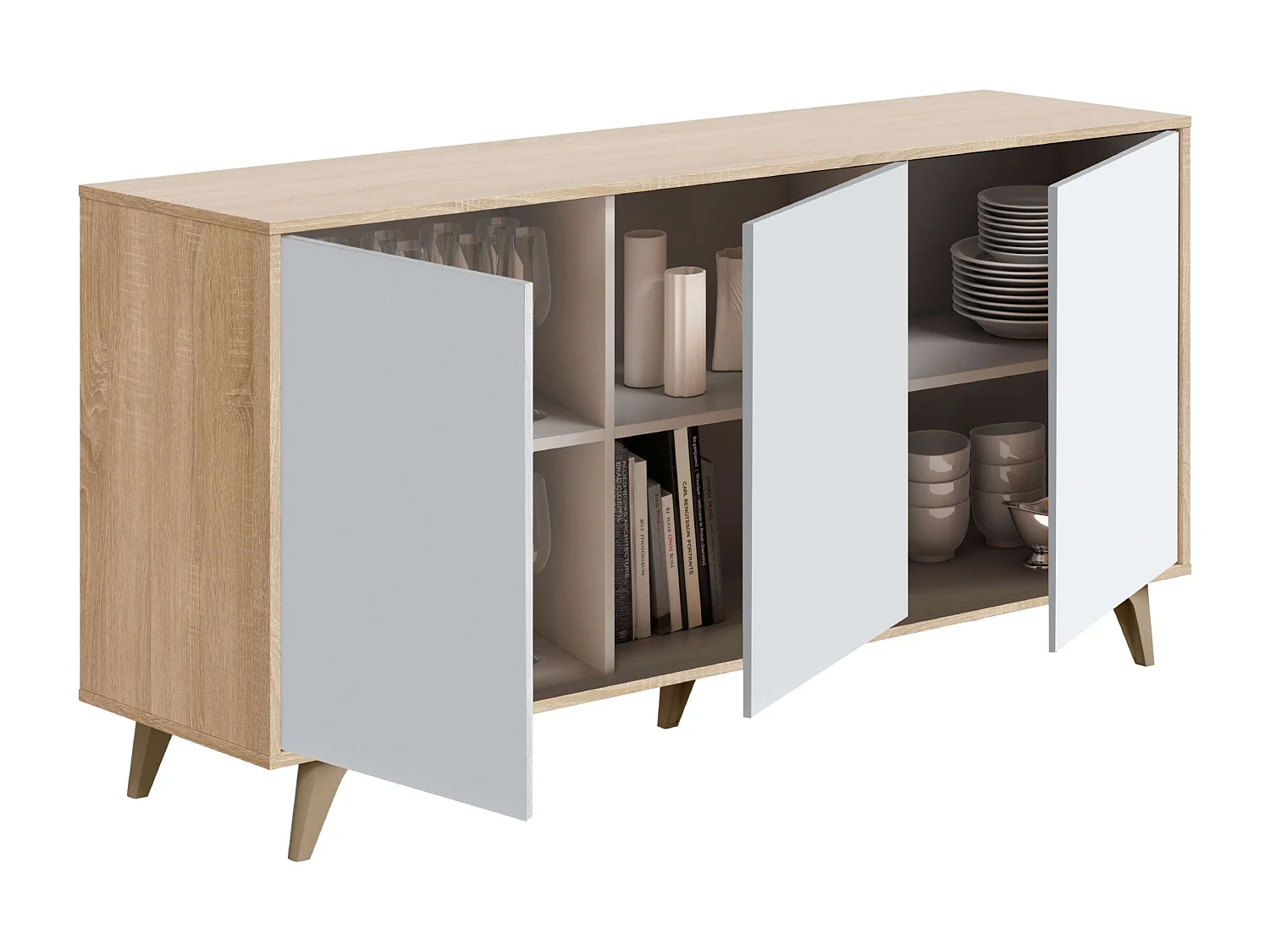 Aparador Kikua 3 puertas roble canadian y blanco artik, 75x154x40 cm