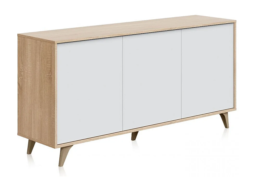 Aparador Kikua 3 puertas roble canadian y blanco artik, 75x154x40 cm