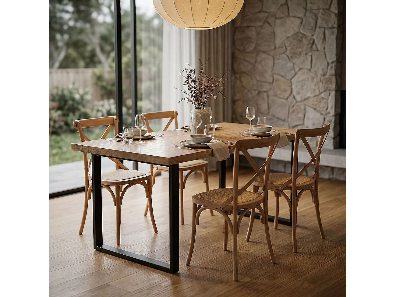 Mesa de comedor de madera de roble salvaje y patas metálicas en negro 140x80 cm Natural Roble salvaje - Negro
