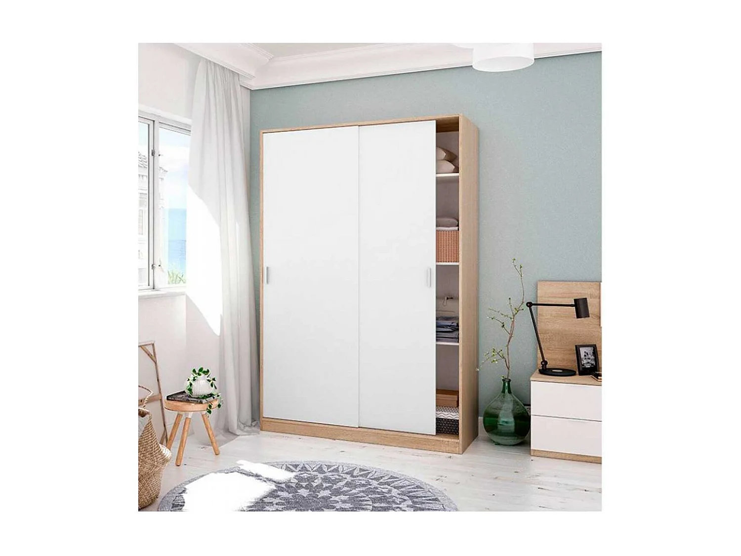 Schrank JULIA 2 Schiebetüren L120xH200cm Mattweiß und helles Eichenholz, 3 Regale, Kleiderstange, modernes Design