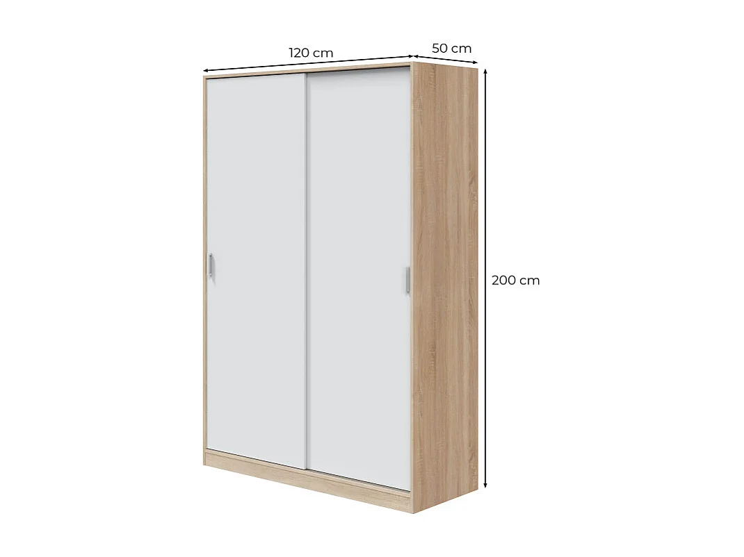 Schrank JULIA 2 Schiebetüren L120xH200cm Mattweiß und helles Eichenholz, 3 Regale, Kleiderstange, modernes Design