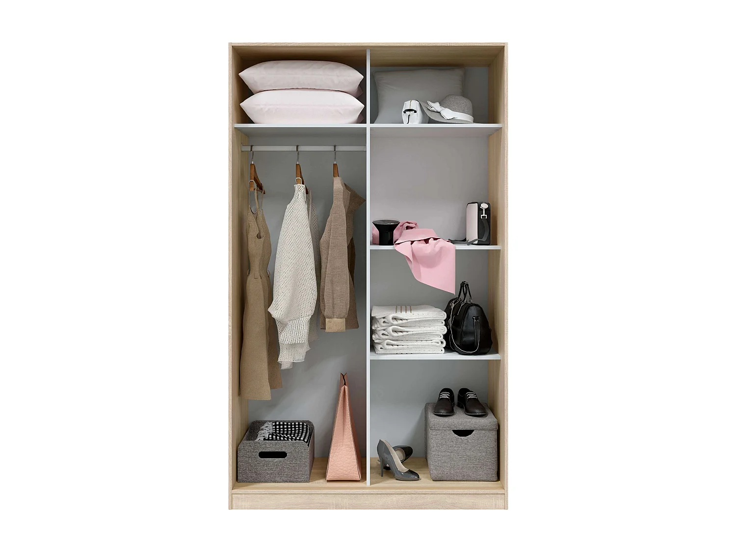 Guarda-roupa JULIA 2 portas de correr L120xA200cm Branco mate e carvalho claro, 3 prateleiras, cabideiro, design moderno