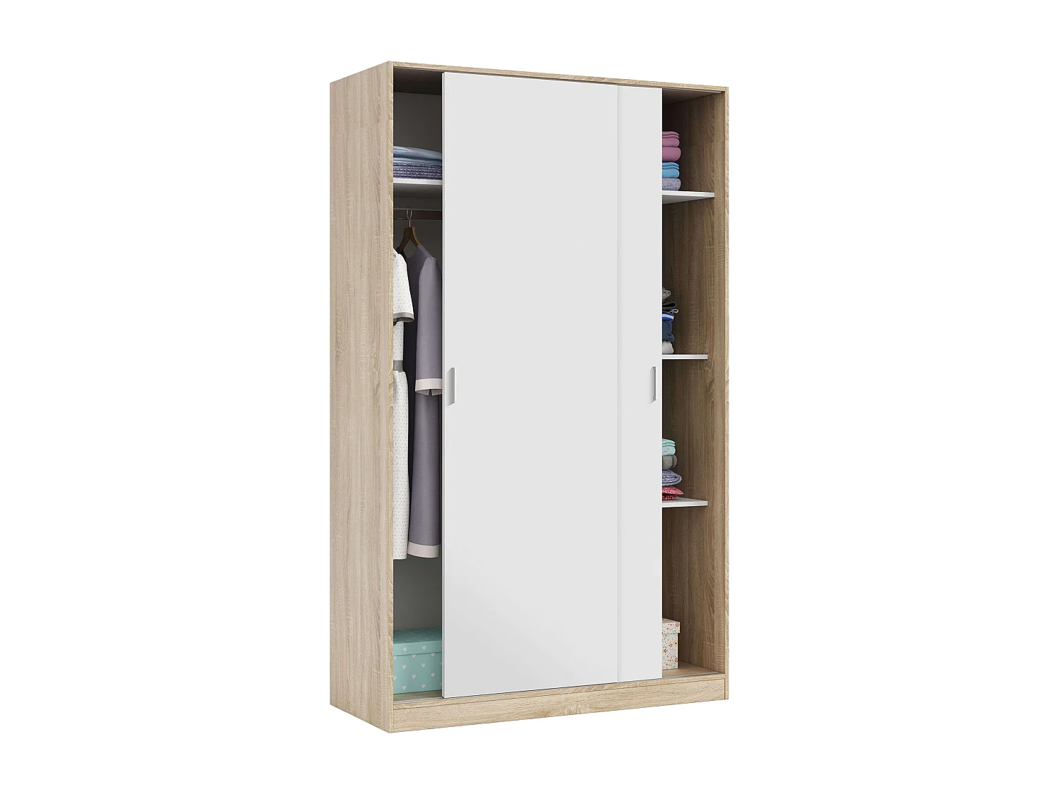 Schrank JULIA 2 Schiebetüren L120xH200cm Mattweiß und helles Eichenholz, 3 Regale, Kleiderstange, modernes Design