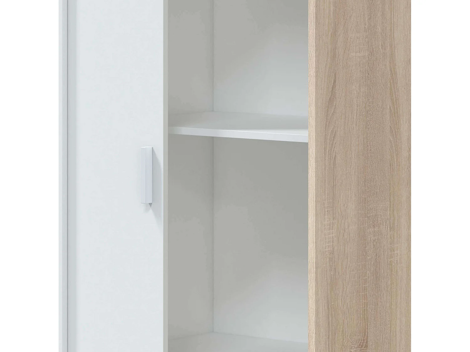 Schrank JULIA 2 Schiebetüren L120xH200cm Mattweiß und helles Eichenholz, 3 Regale, Kleiderstange, modernes Design