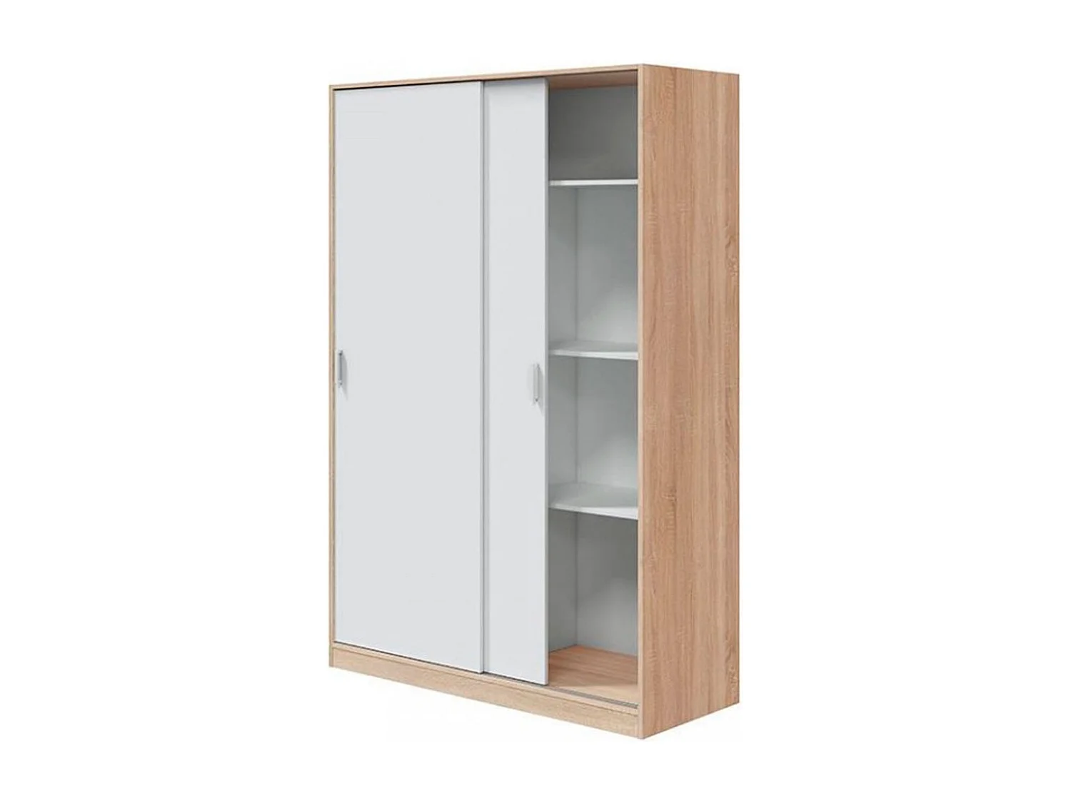 Schrank JULIA 2 Schiebetüren L120xH200cm Mattweiß und helles Eichenholz, 3 Regale, Kleiderstange, modernes Design