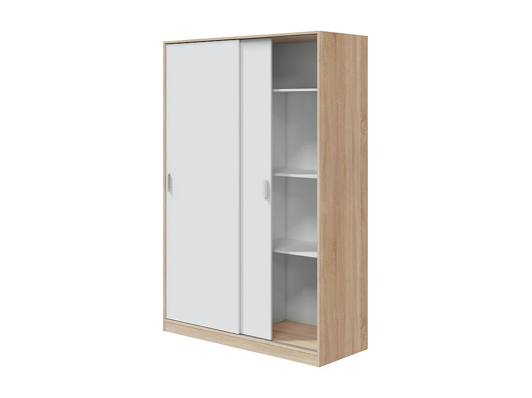 Schrank JULIA 2 Schiebetüren L120xH200cm Mattweiß und helles Eichenholz, 3 Regale, Kleiderstange, modernes Design