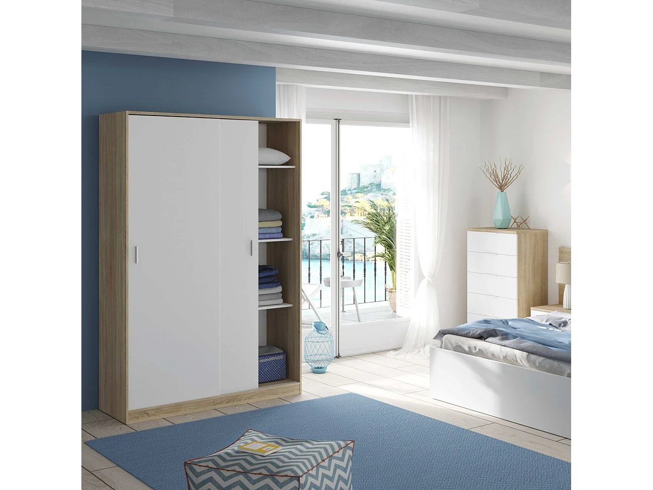 Guarda-roupa JULIA 2 portas de correr L120xA200cm Branco mate e carvalho claro, 3 prateleiras, cabideiro, design moderno