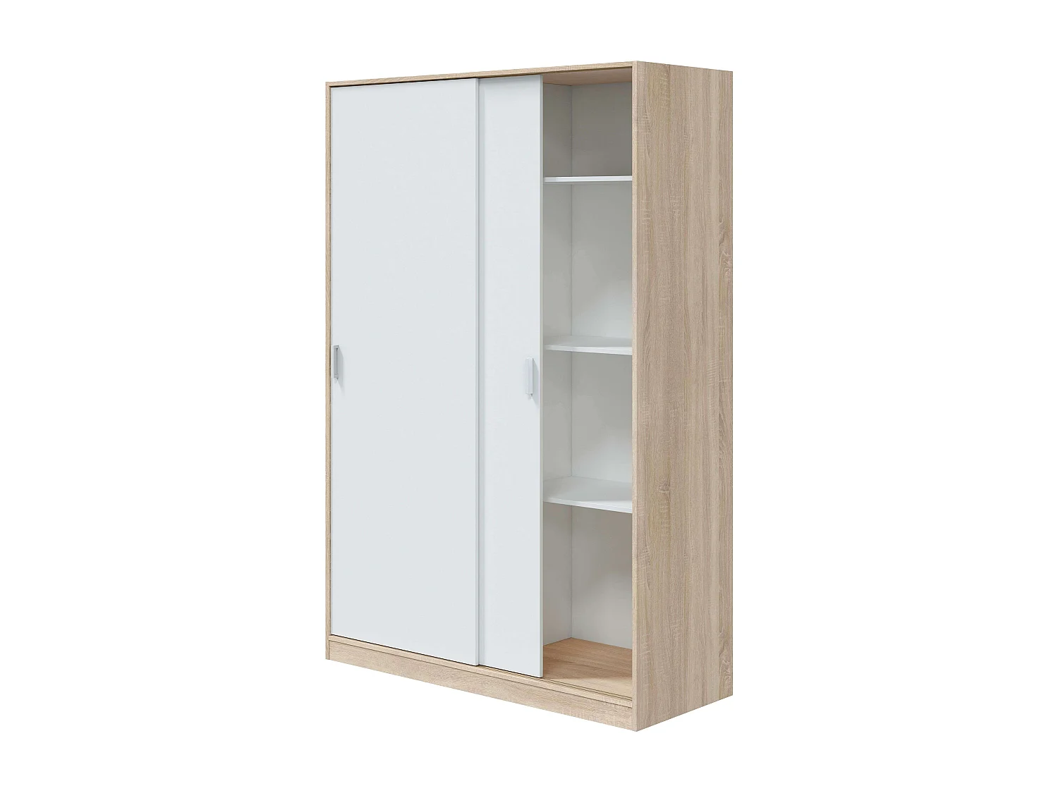 Guarda-roupa JULIA 2 portas de correr L120xA200cm Branco mate e carvalho claro, 3 prateleiras, cabideiro, design moderno