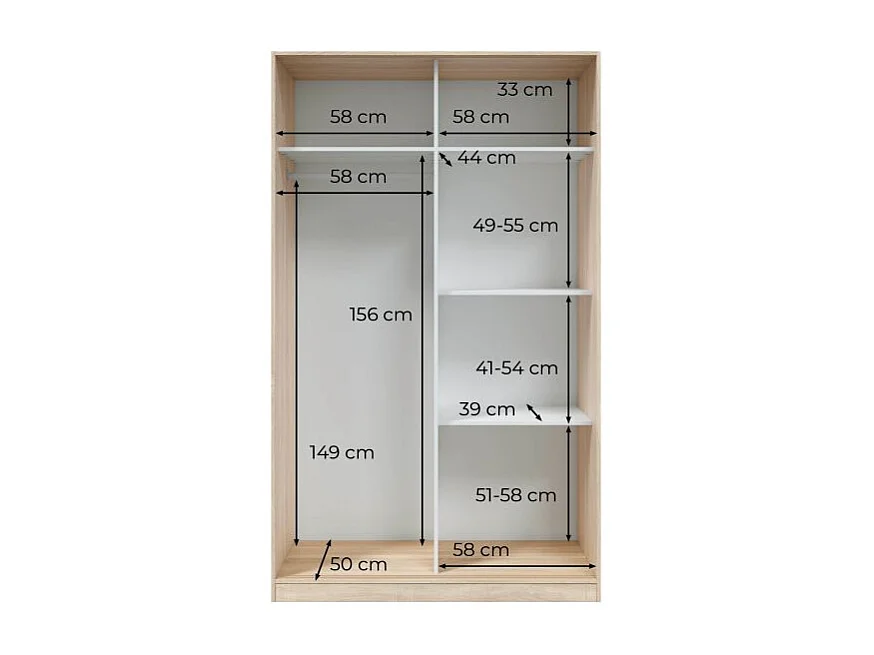 Guarda-roupa JULIA 2 portas de correr L120xA200cm Branco mate e carvalho claro, 3 prateleiras, cabideiro, design moderno