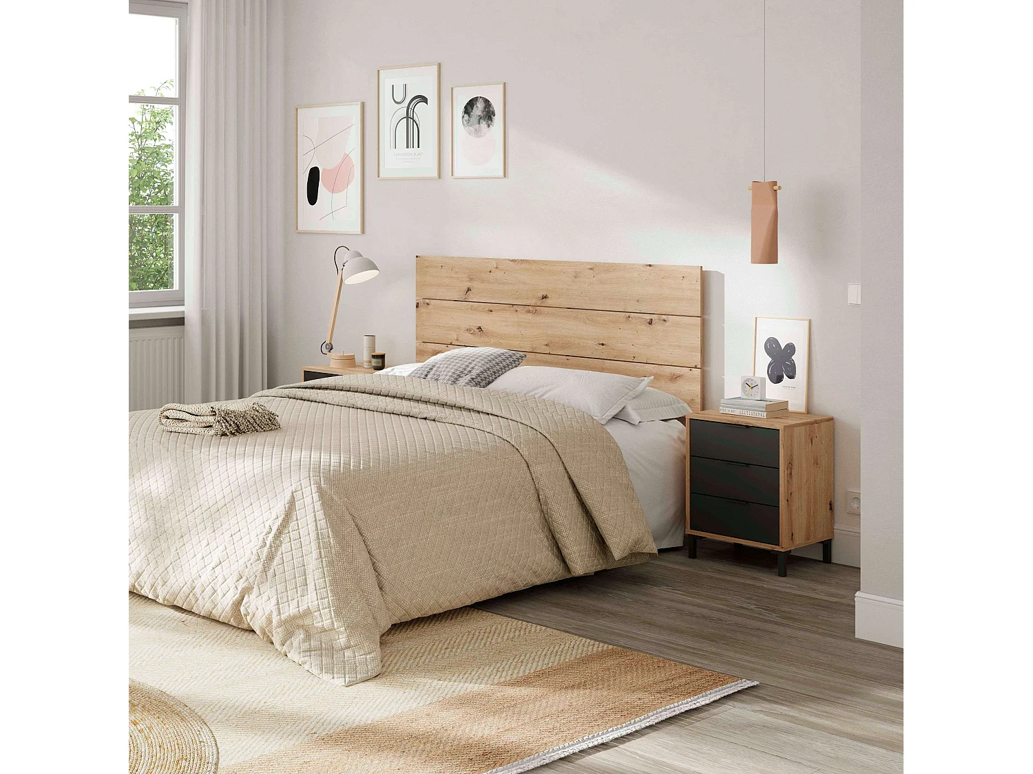 Cabecero Dormitorio Matrimonio con 2 Mesitas Roble Nodi y gris 240 cm