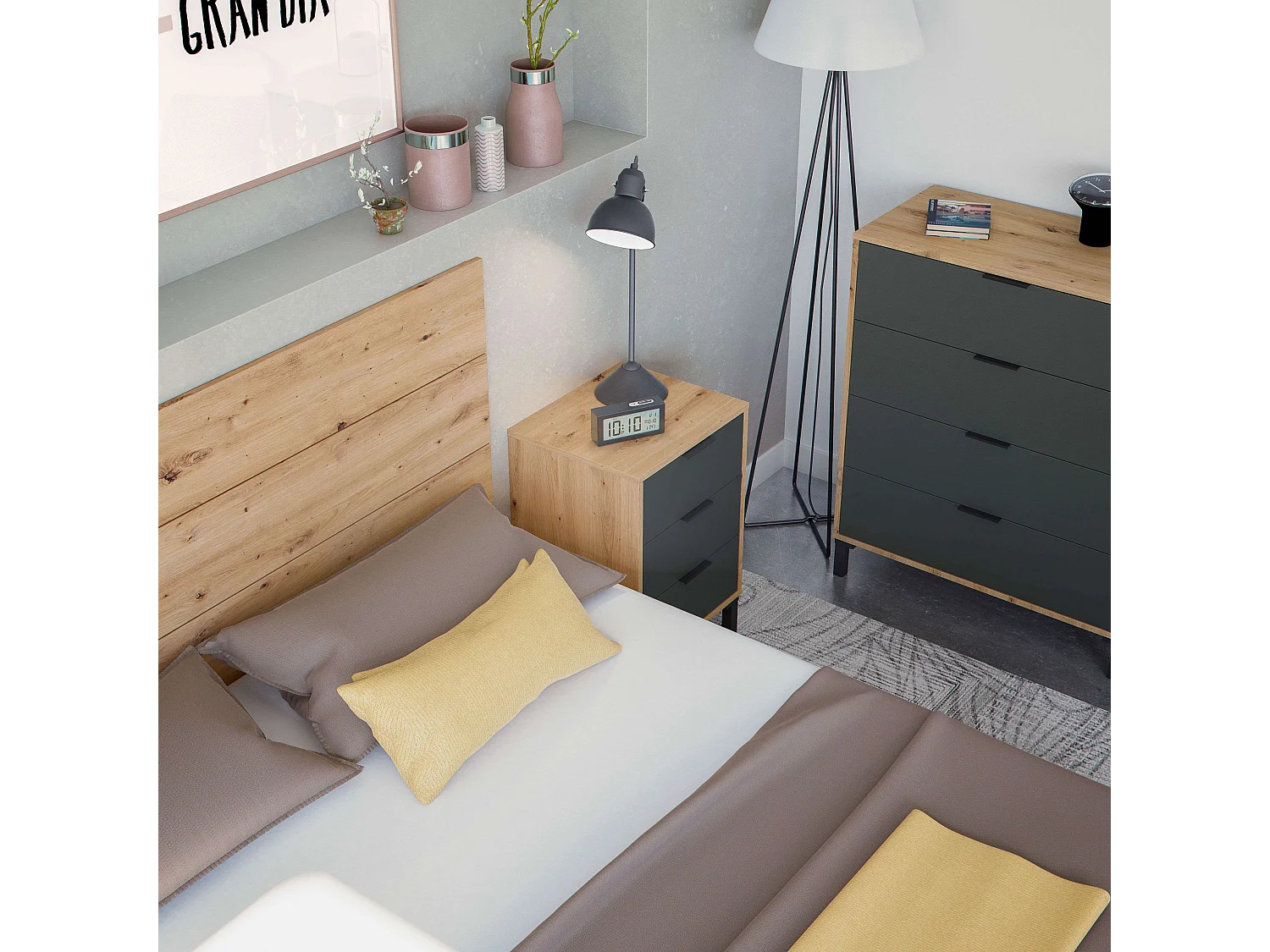 Cabecero Dormitorio Matrimonio con 2 Mesitas Roble Nodi y gris 240 cm