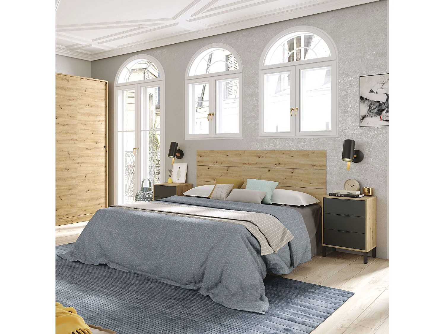 Cabecero Dormitorio Matrimonio con 2 Mesitas Roble Nodi y gris 240 cm