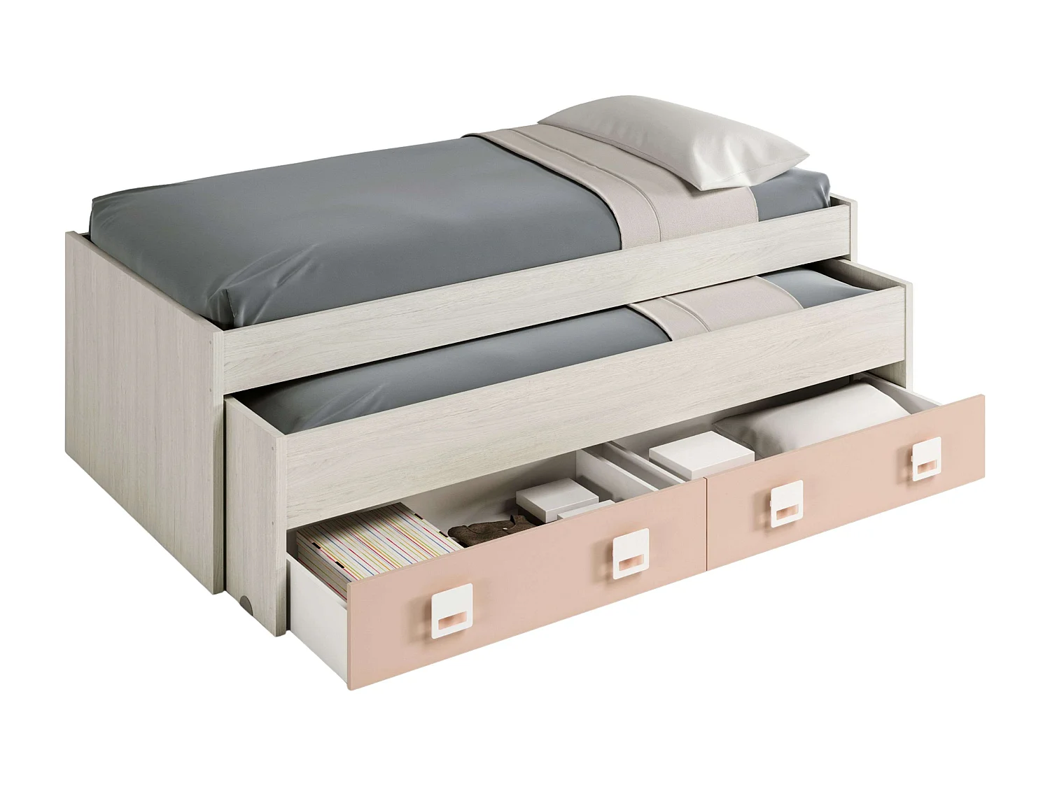 Cama Nido Nube con Estantería Habitación Infantil Blanco y Rosa 199x69x96 cm