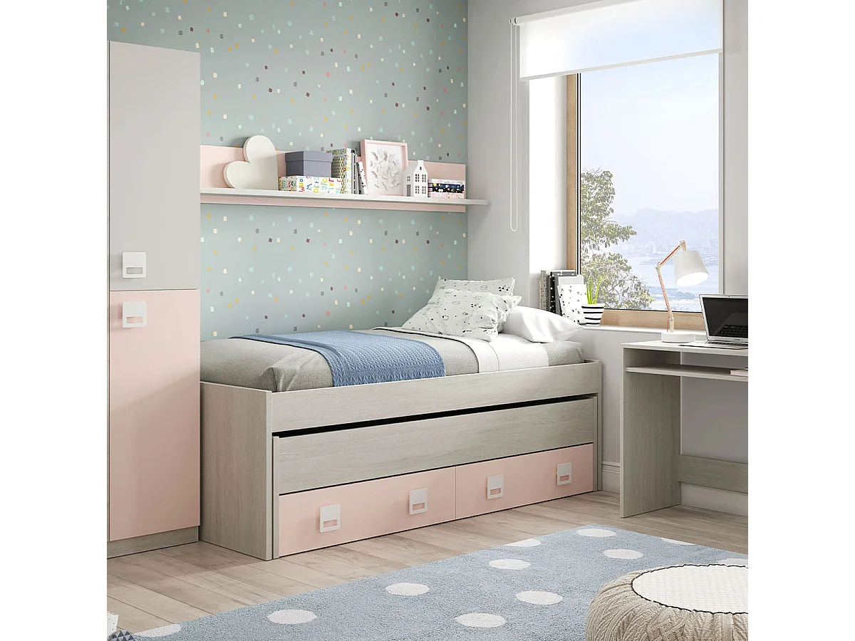 Cama Nido Nube con Estantería Habitación Infantil Blanco y Rosa 199x69x96 cm