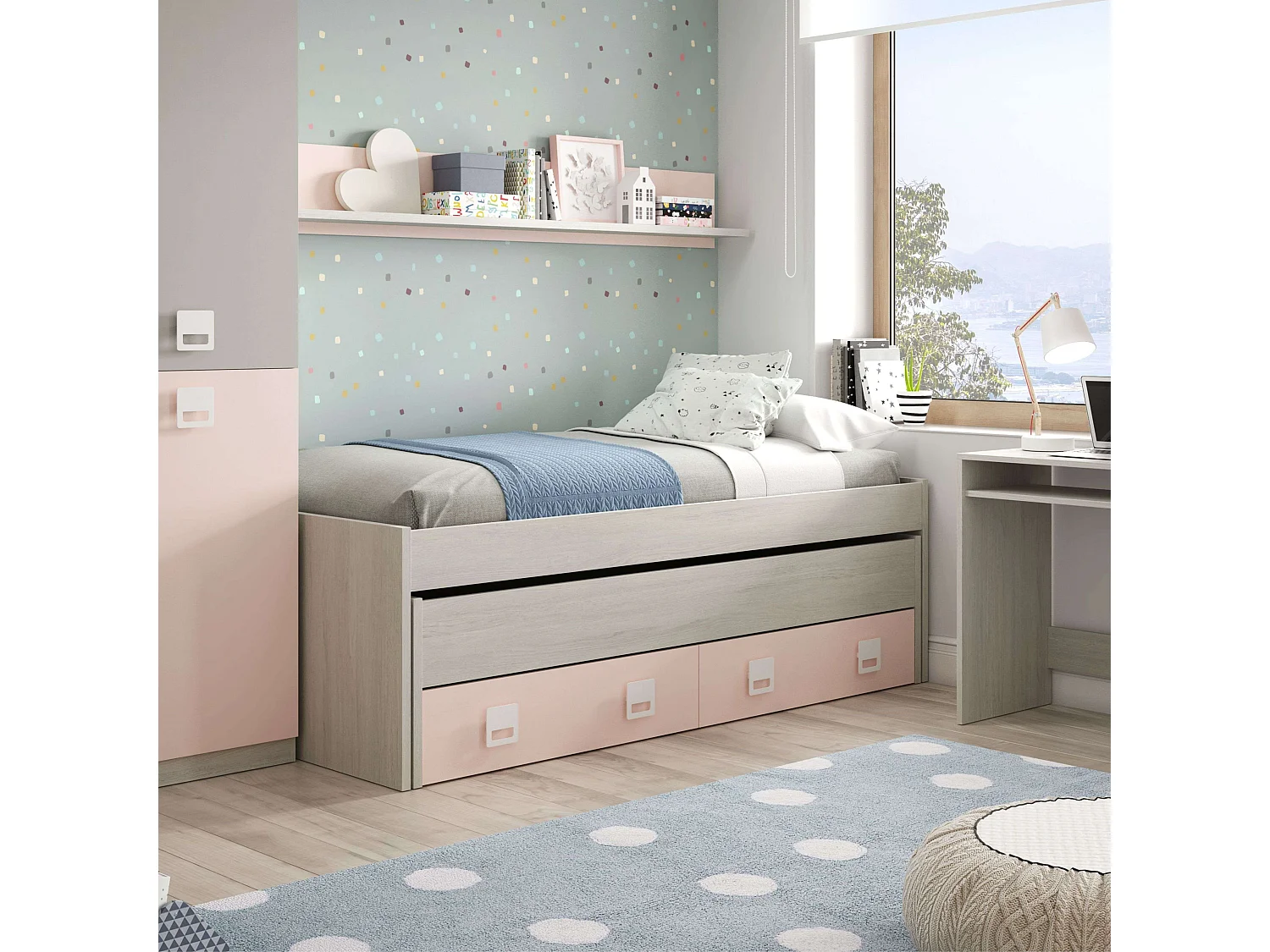 Cama Nido Nube con Estantería Habitación Infantil Blanco y Rosa 199x69x96 cm