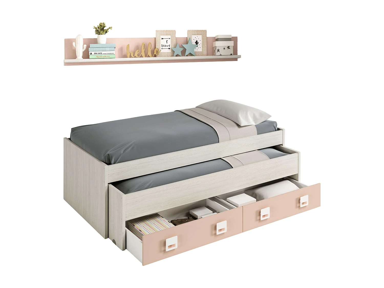Cama Nido Nube con Estantería Habitación Infantil Blanco y Rosa 199x69x96 cm