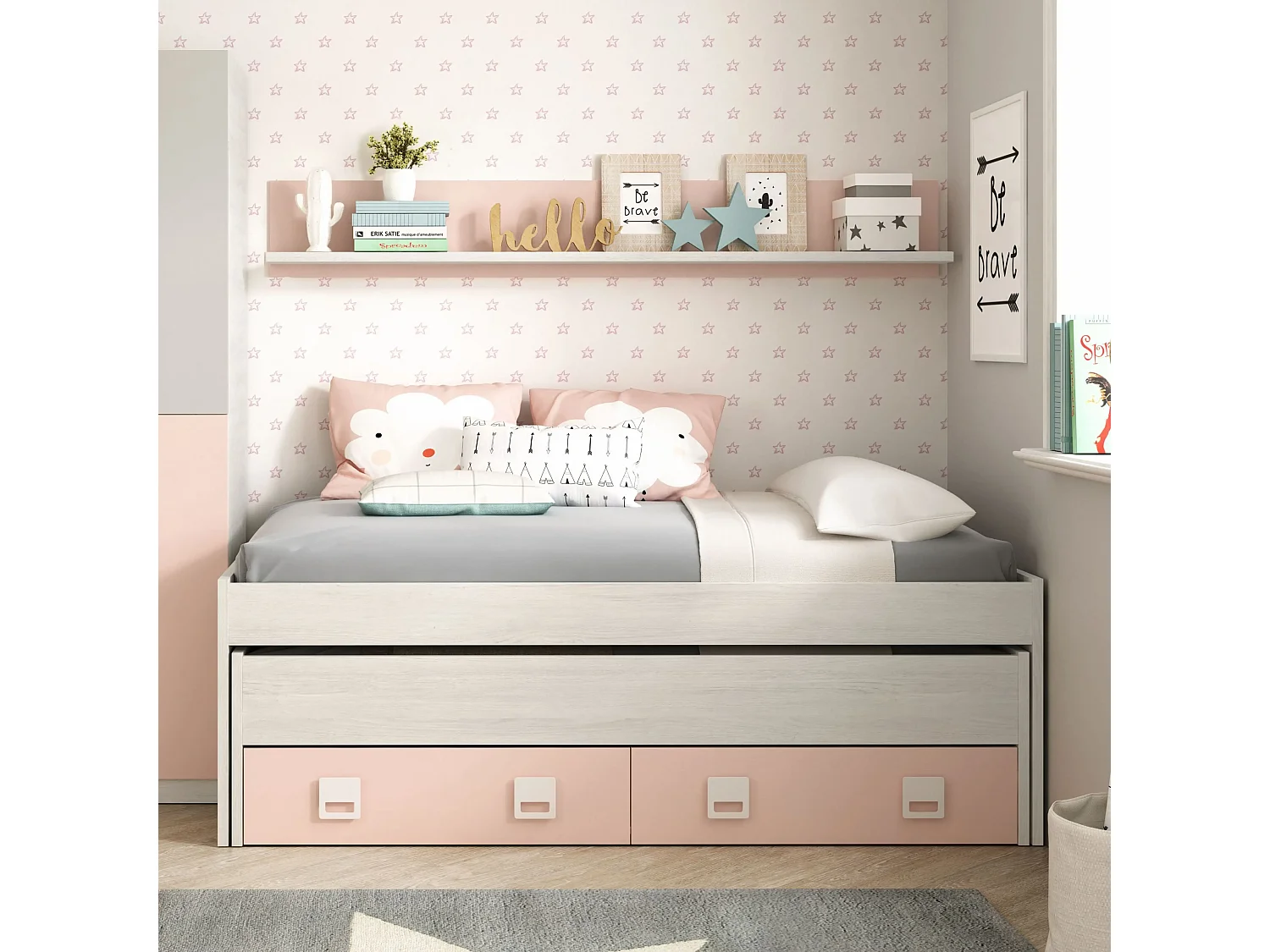 Cama Nido Nube con Estantería Habitación Infantil Blanco y Rosa 199x69x96 cm