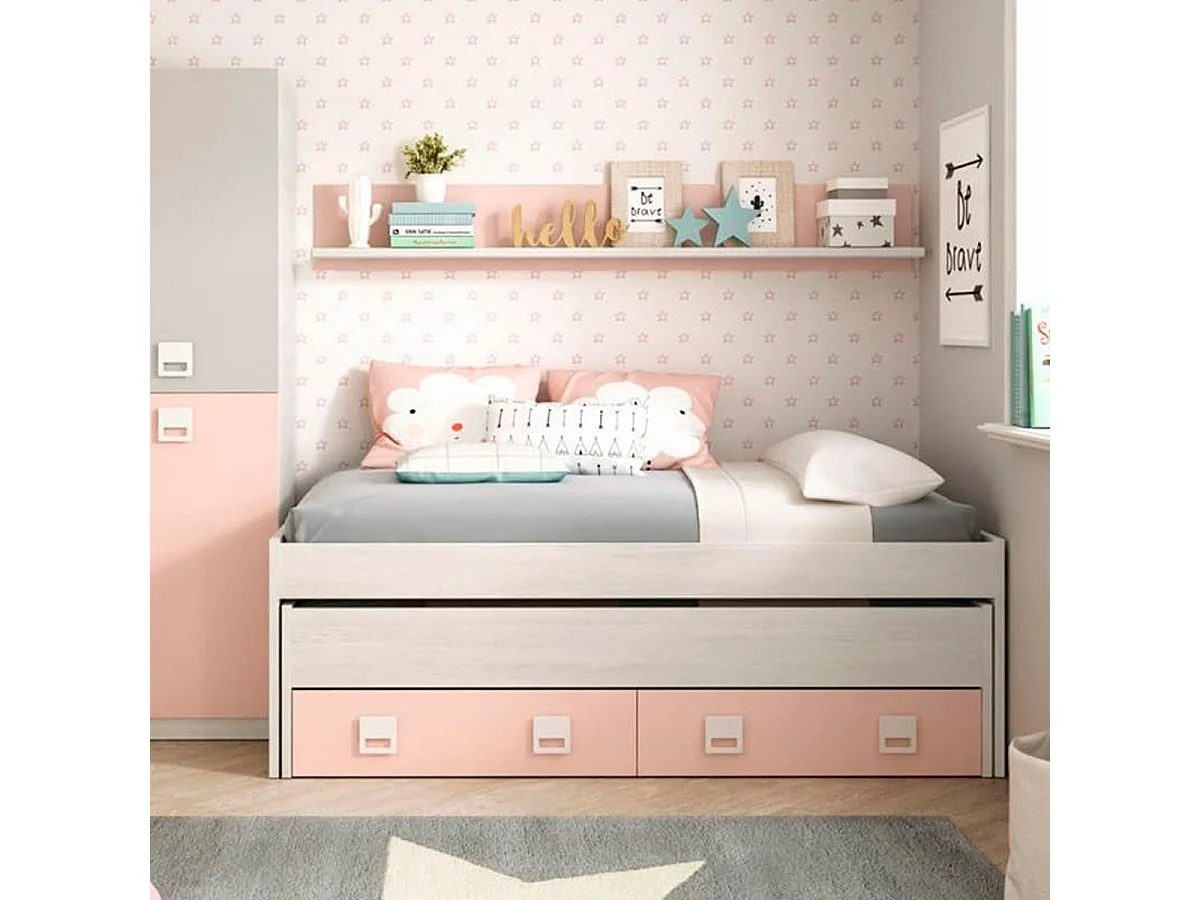 Cama Nido Nube con Estantería Habitación Infantil Blanco y Rosa 199x69x96 cm