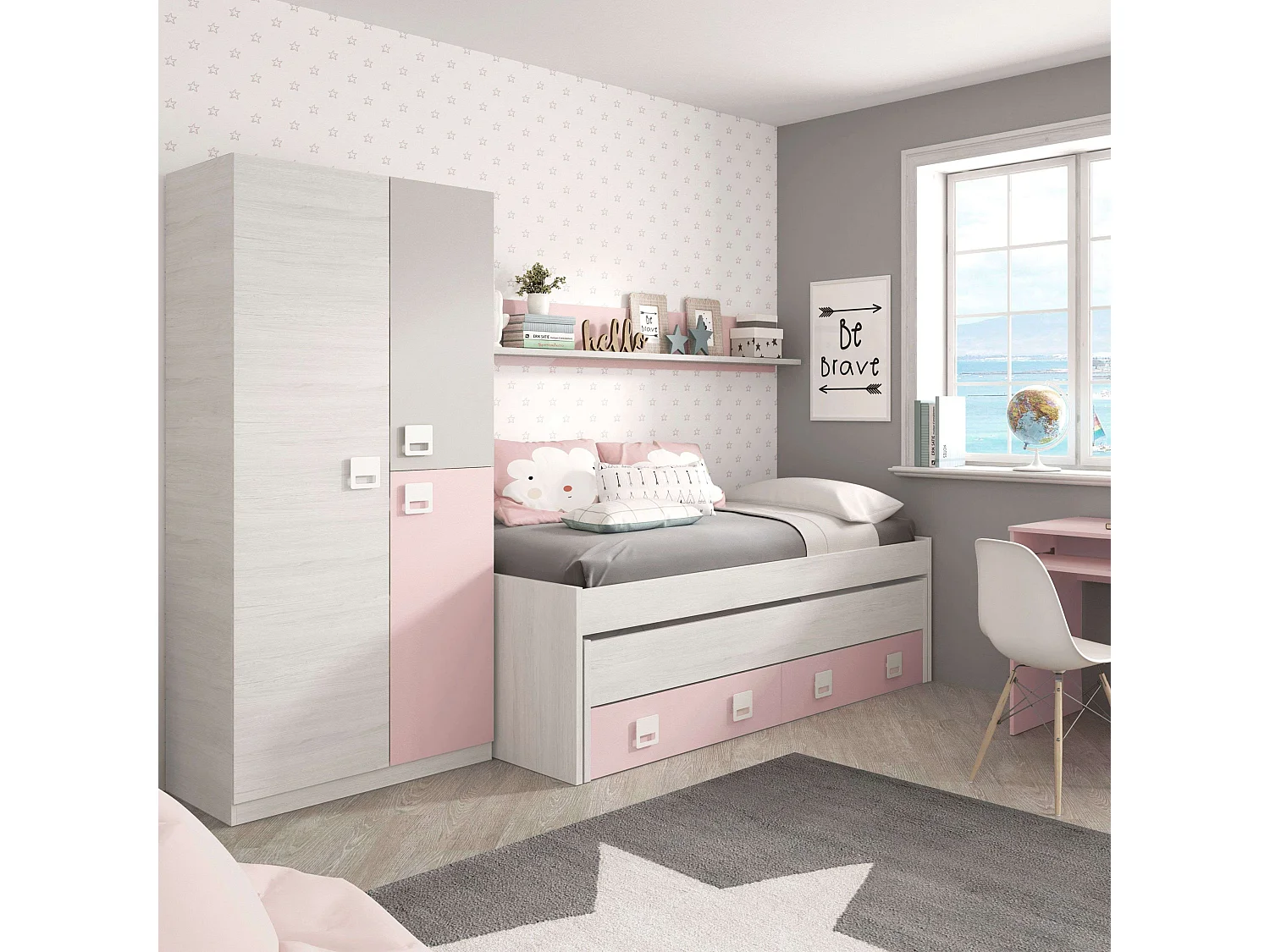 Cama Nido Nube con Estantería Habitación Infantil Blanco y Rosa 199x69x96 cm