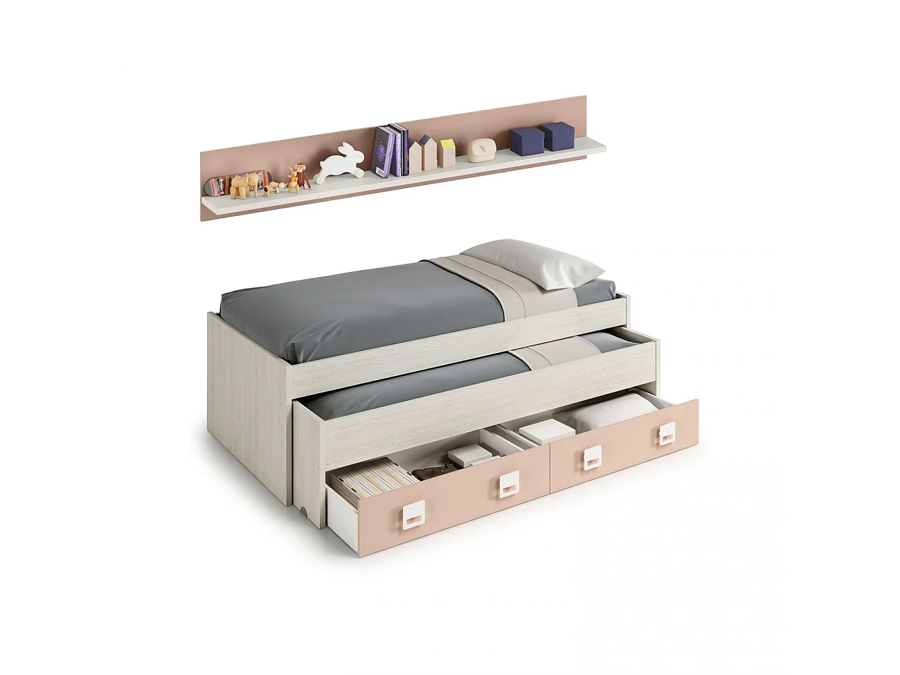 Cama doble juvenil + estante Nube Blanco Alpes - Rosa