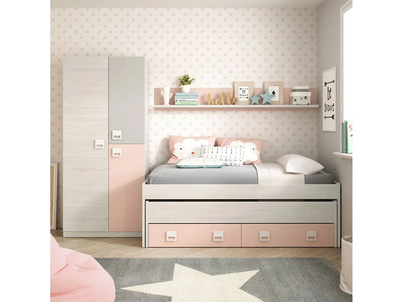 Cama doble juvenil + estante Nube Blanco Alpes - Rosa