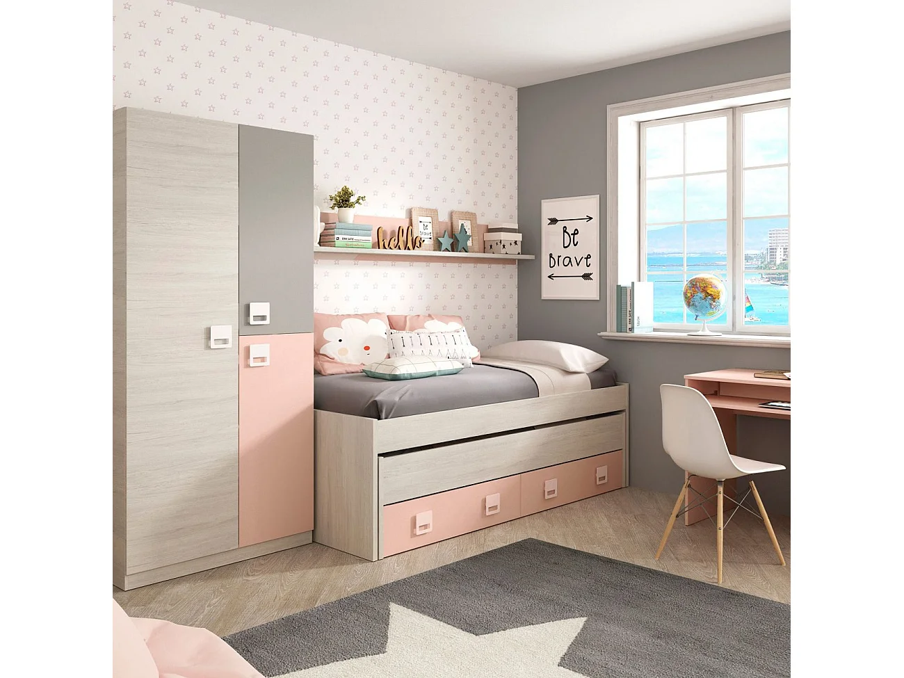Cama doble juvenil + estante Nube Blanco Alpes - Rosa